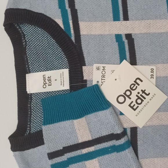 NWT Nordstrom  Open Edit Youth Blue Plaid Sweater 100% Cotton Size 8 - Picture 6 of 9